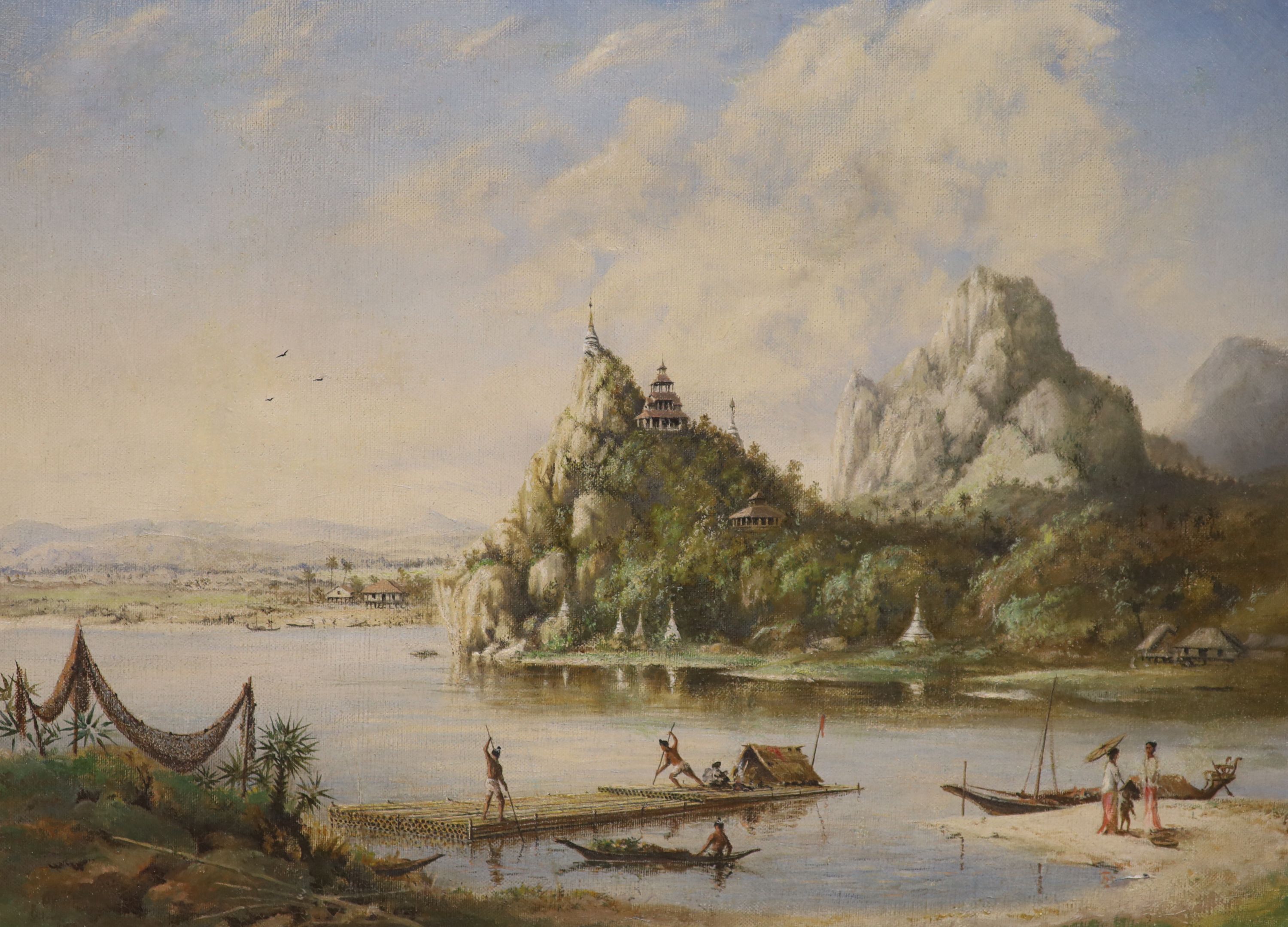 English School, oil on canvas, A view on the Irrawaddy, Burma, 45 x 60cm